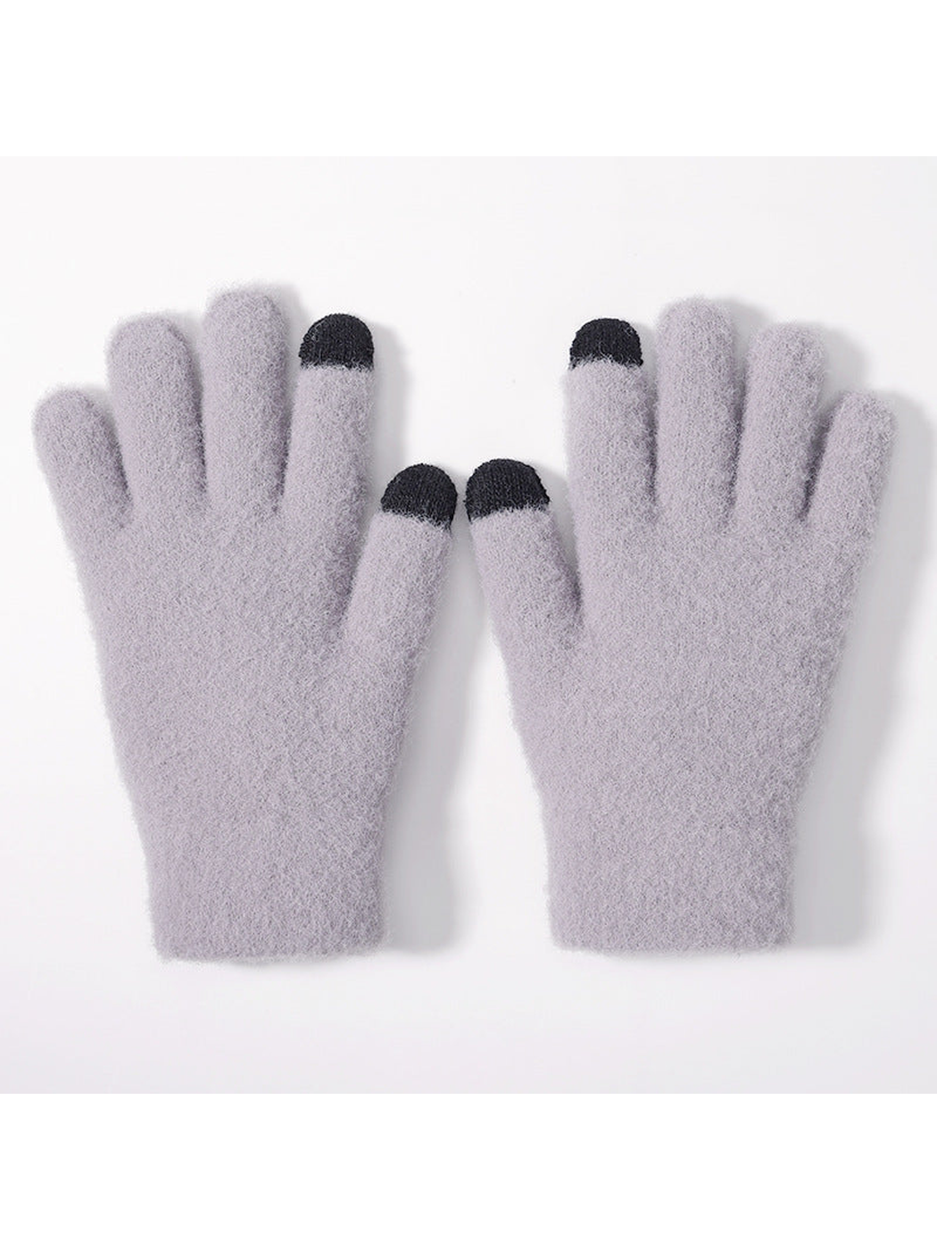 Light purple fuzzy gloves with contrasting black fingertips, flat pair view