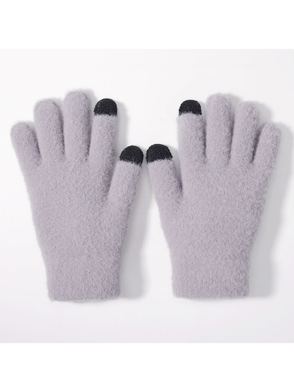 Light purple fuzzy gloves with contrasting black fingertips, flat pair view
