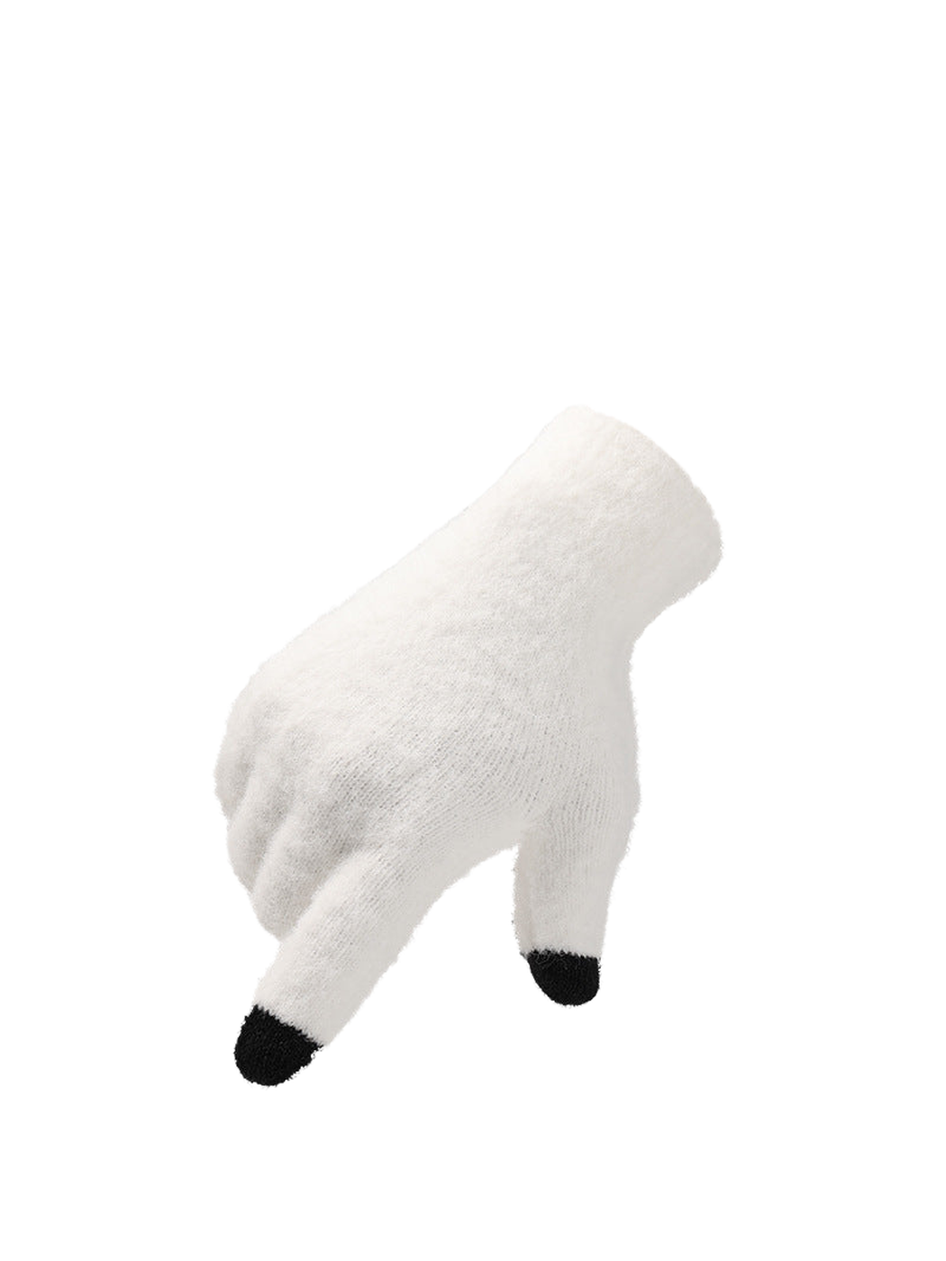 White fuzzy glove with contrasting black fingertips, angled view