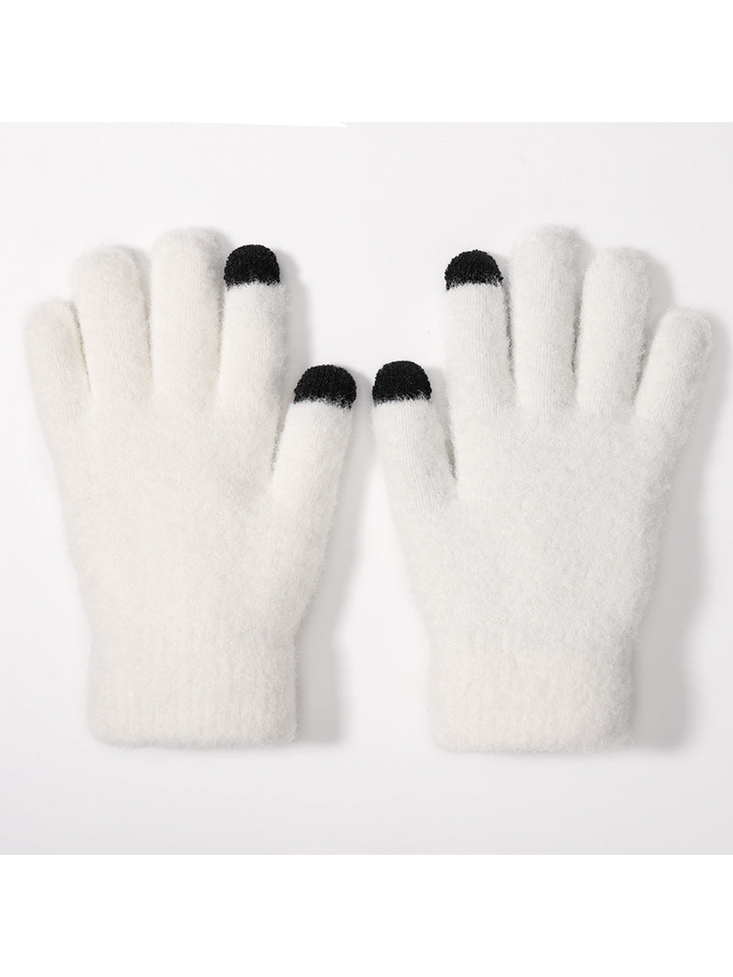 White fuzzy gloves with contrasting black fingertips, flat pair view