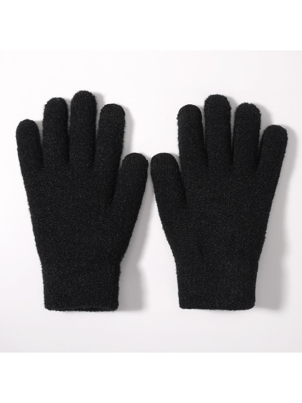 Black fuzzy gloves, flat pair view