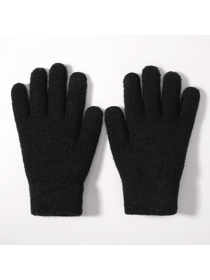 Black fuzzy gloves, flat pair view