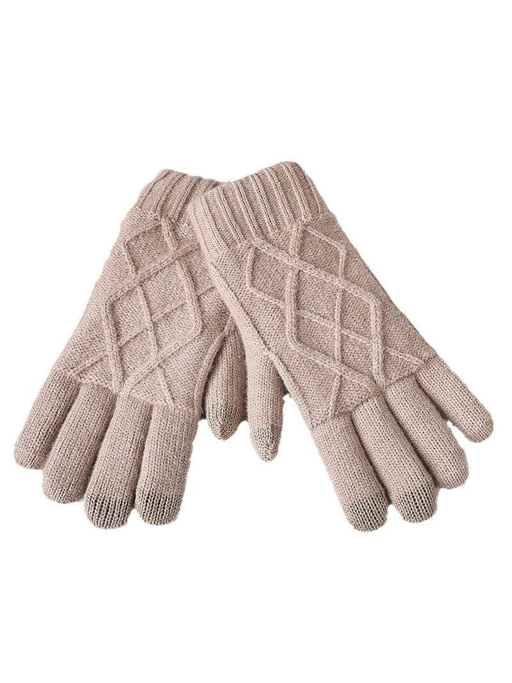 Beige diamond-knit gloves on a white background