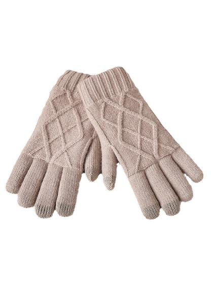 Beige diamond-knit gloves on a white background