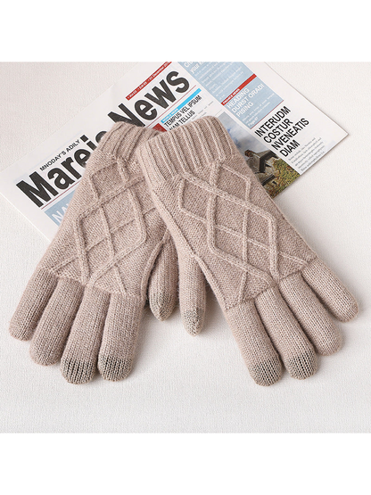Beige diamond-knit gloves displayed as a pair
