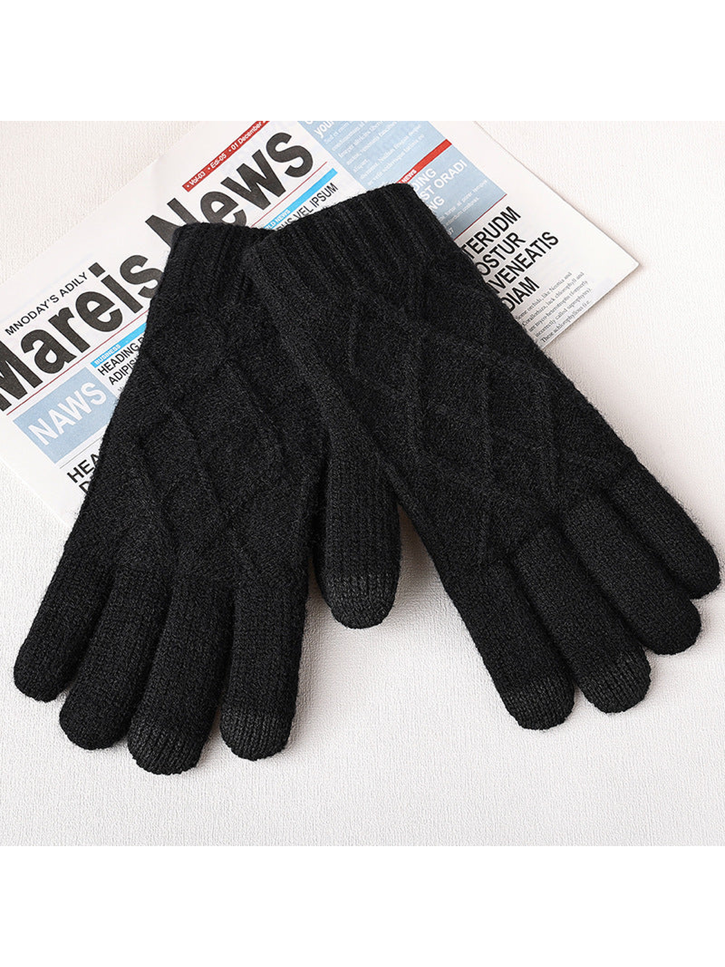 Black diamond-knit gloves displayed as a pair