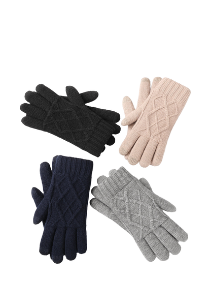 Black, gray, navy and beige diamond-knit gloves displayed together