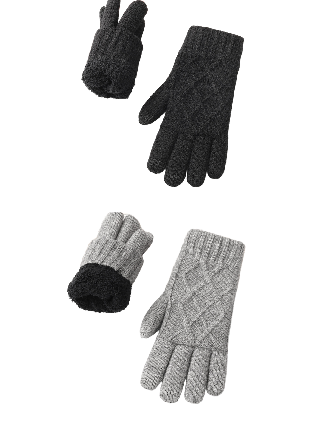 Black and gray gloves with diamond-knit backs and fuzzy interiors