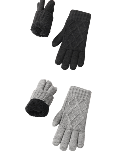Black and gray gloves with diamond-knit backs and fuzzy interiors