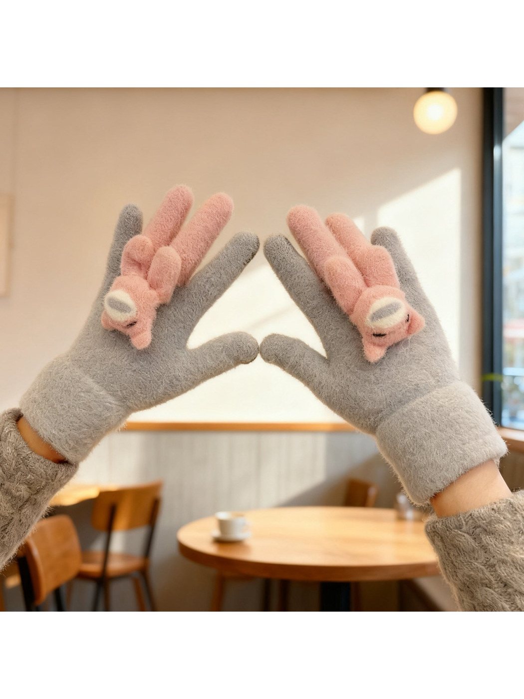 Gray fuzzy gloves with pink long-eared animal appliques