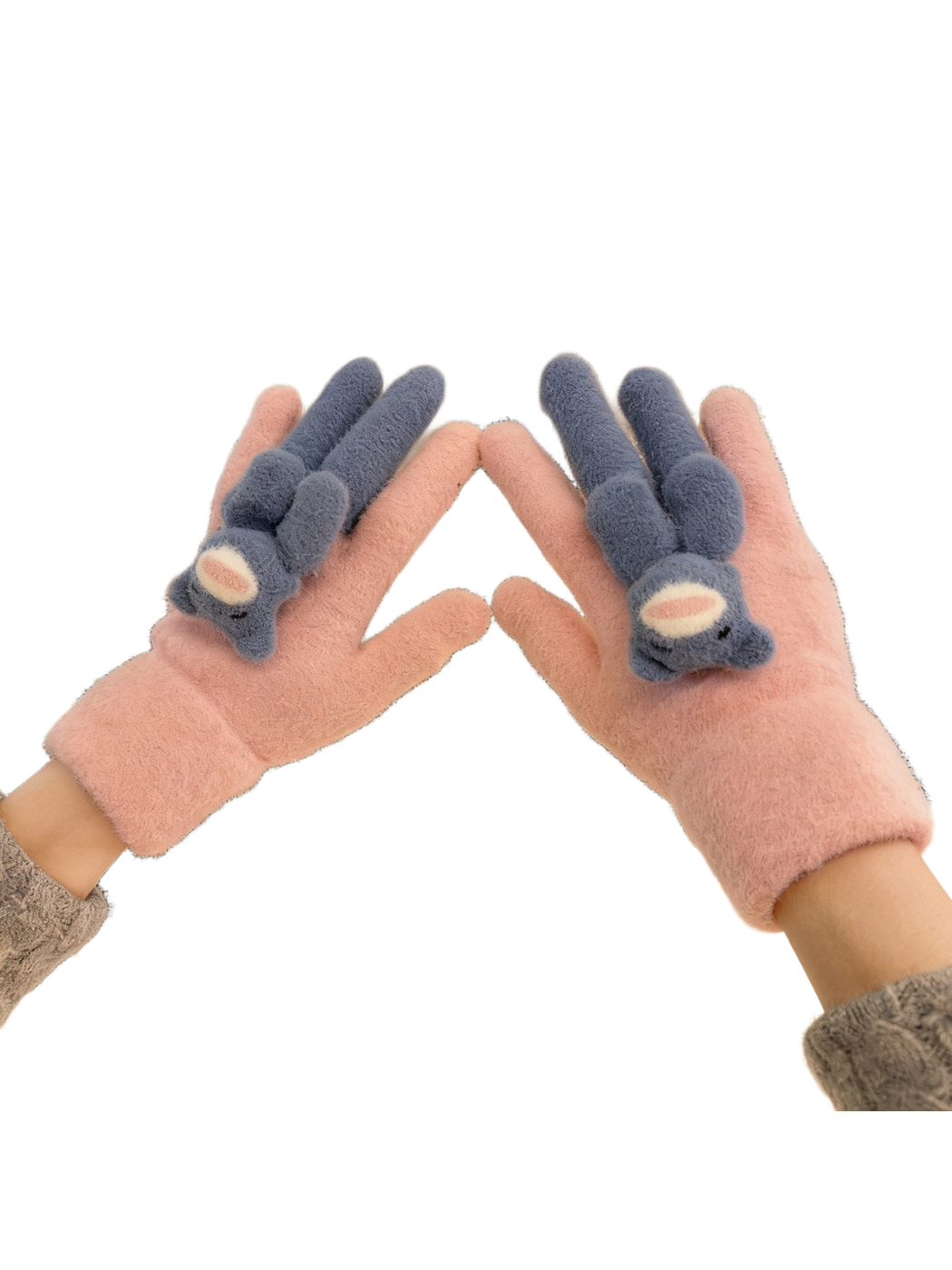 Pink fuzzy gloves with blue long-eared animal appliques