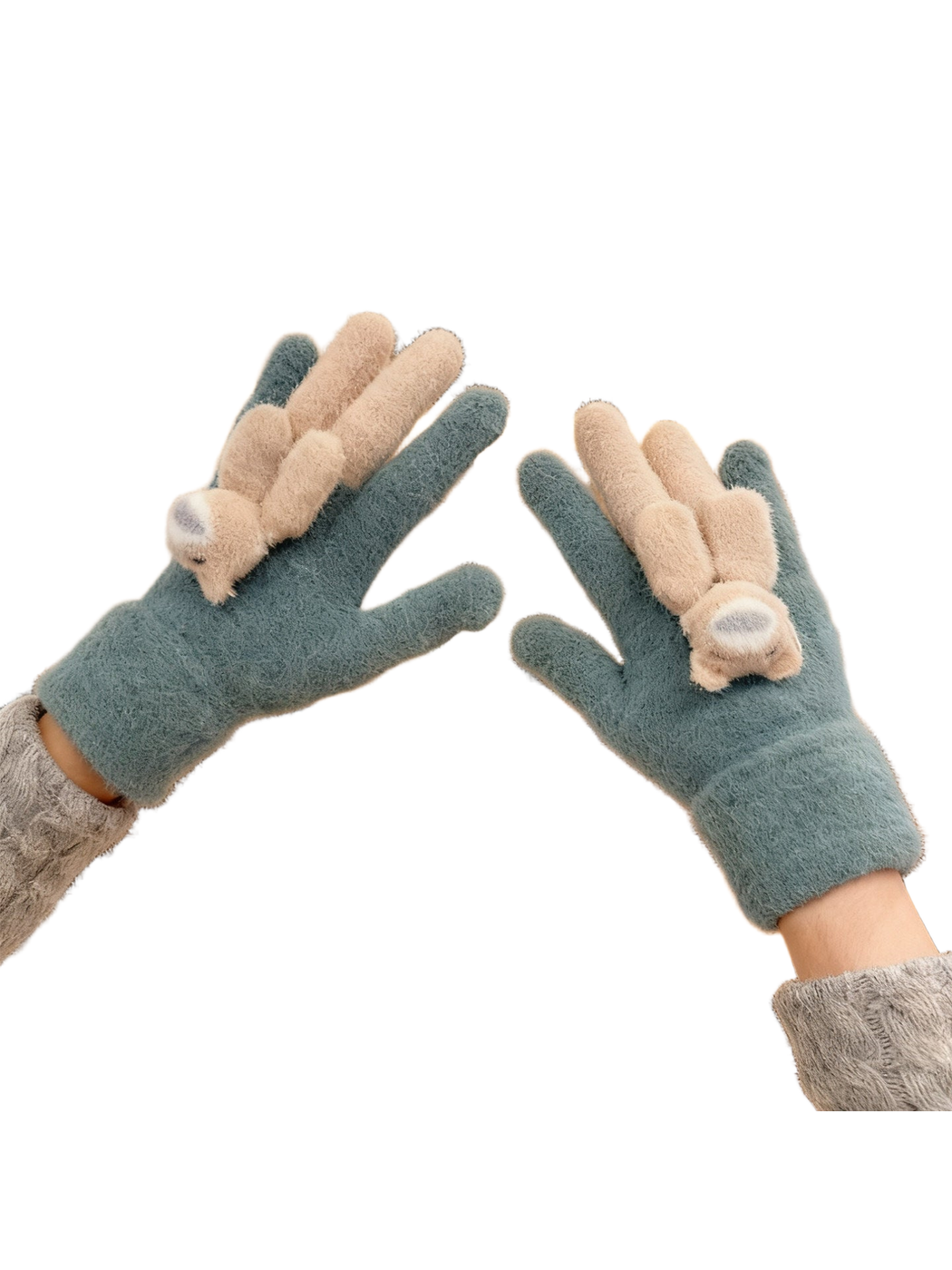 Teal fuzzy gloves with beige long-eared animal appliques