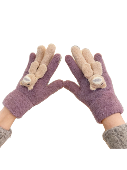 Purple fuzzy gloves with beige long-eared animal appliques