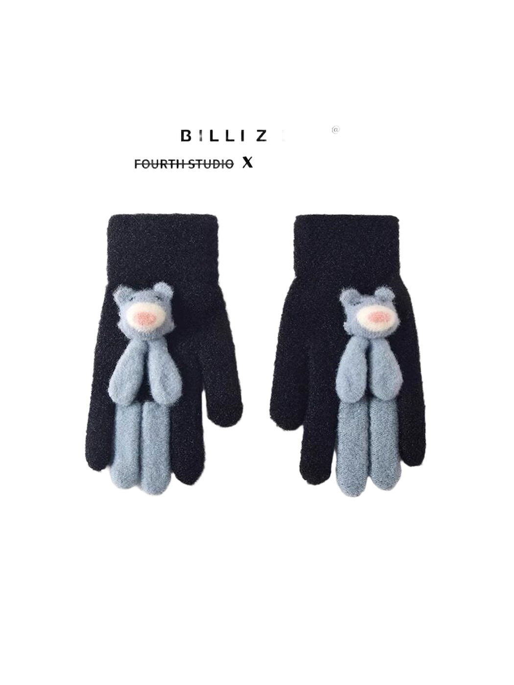 Black fuzzy gloves with light blue long-eared animal appliques