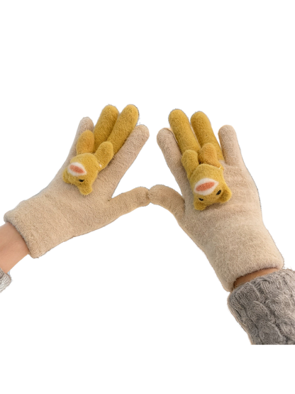 Beige fuzzy gloves with mustard long-eared animal appliques