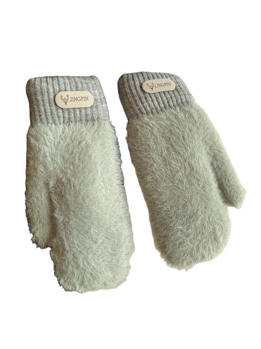 Mint green fuzzy mittens with ribbed cuffs