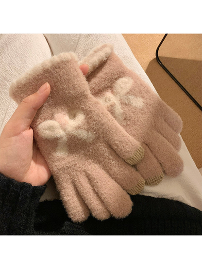 Light coffee fuzzy gloves with raised bow motifs