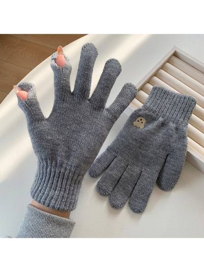 Gray knit gloves with open thumb and index fingertips