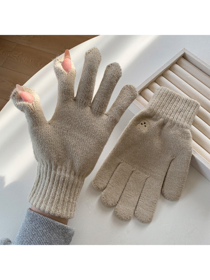 Beige knit gloves with open thumb and index fingertips