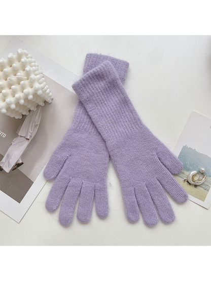 Light purple five-finger gloves with extended ribbed cuffs
