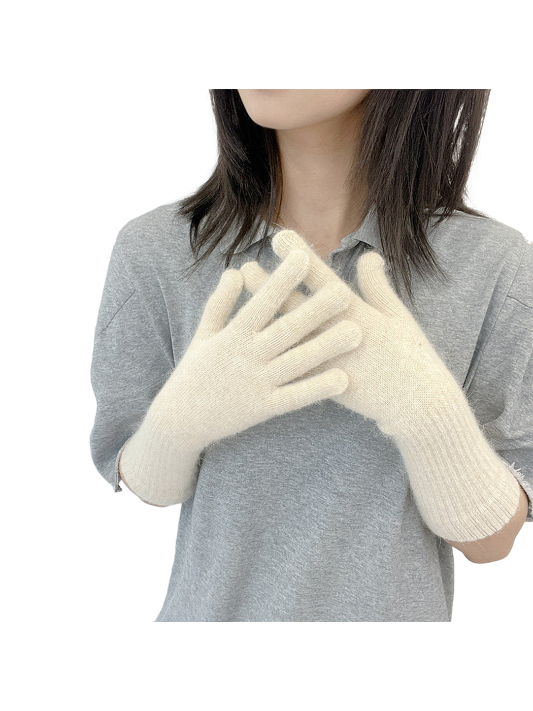 Beige five-finger gloves with extended ribbed cuffs