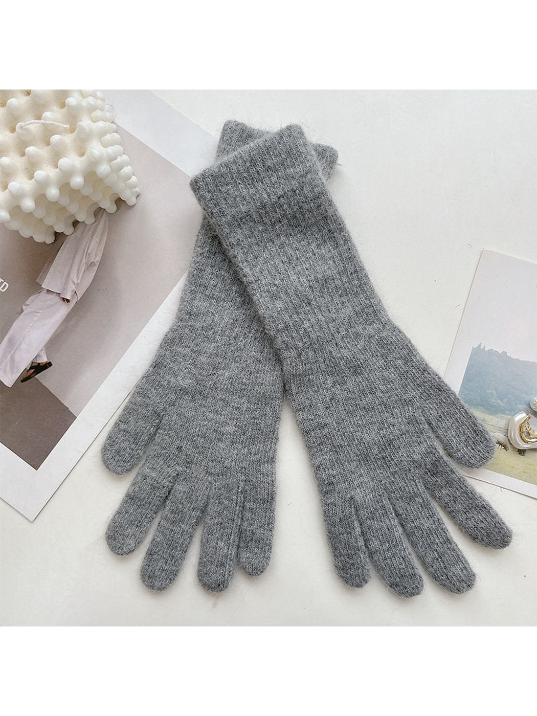 Heather gray five-finger gloves with extended ribbed cuffs