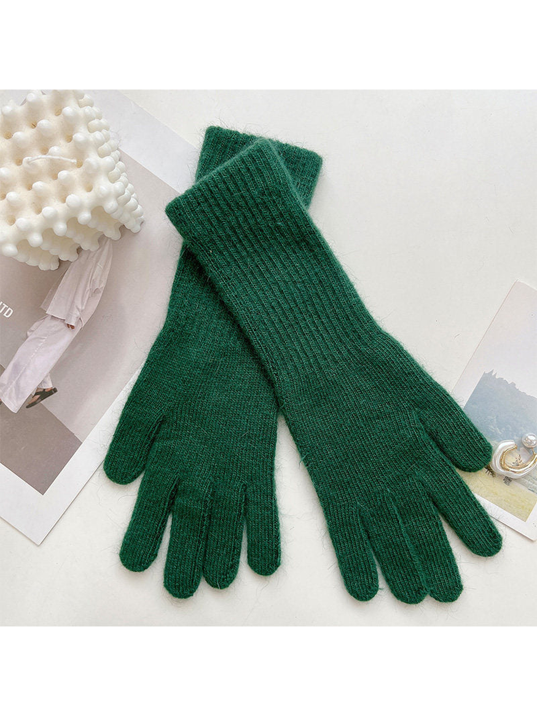 Dark green five-finger gloves with extended ribbed cuffs