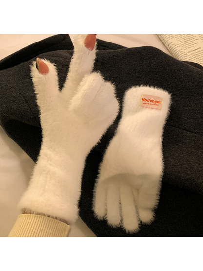 White fuzzy gloves with extended cuffs and fingertip openings
