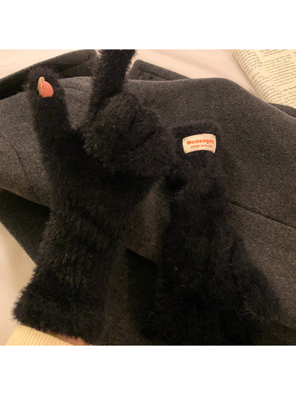 Black fuzzy gloves with thumb and index fingertip openings
