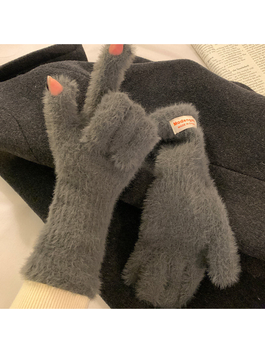 Dark gray fuzzy gloves with thumb and index fingertip openings