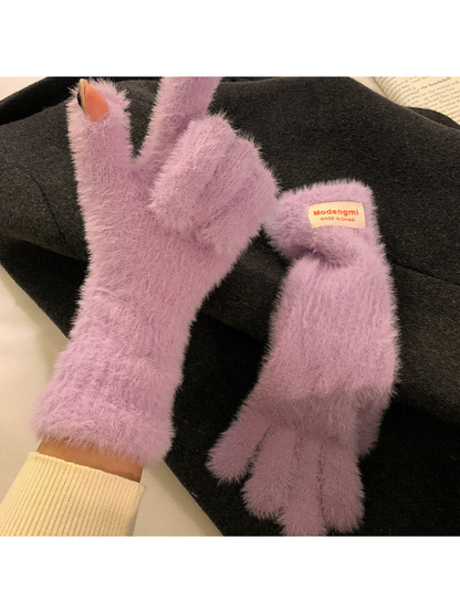 Light purple fuzzy gloves with thumb and index fingertip openings