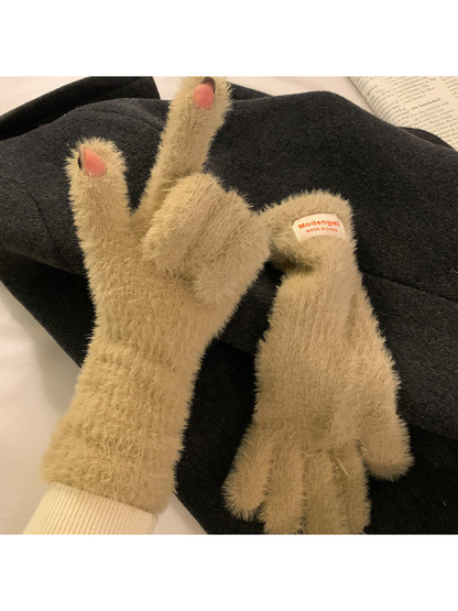 Khaki fuzzy gloves with thumb and index fingertip openings