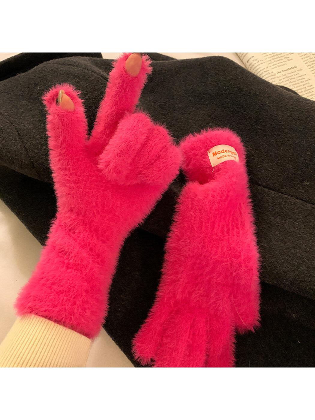 Fuchsia fuzzy gloves with thumb and index fingertip openings