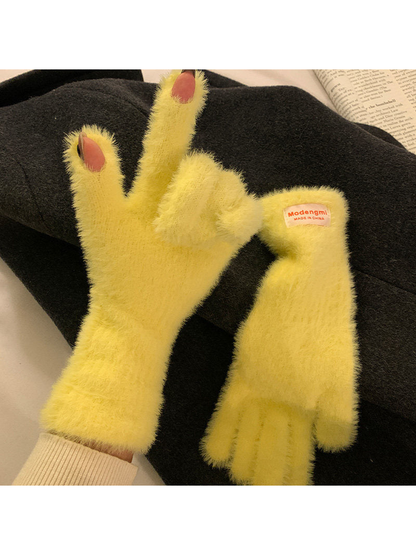 Yellow fuzzy gloves with thumb and index fingertip openings