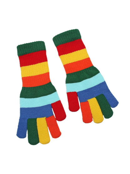 Multicolor striped gloves with individually colored fingers on a white background