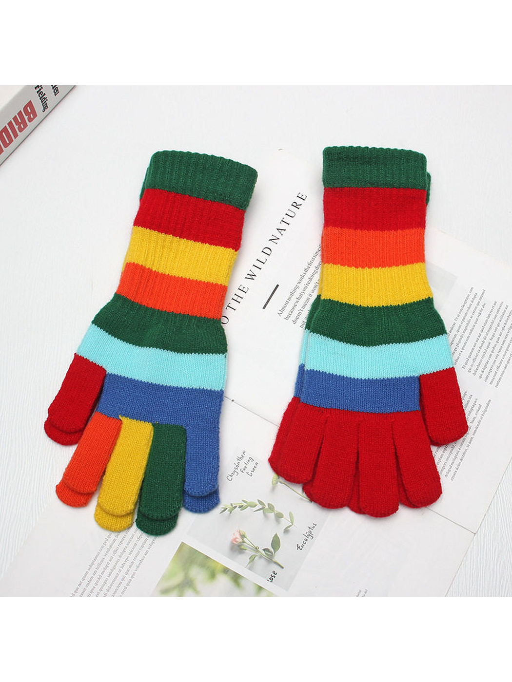 Two multicolor striped glove styles with contrasting fingertips