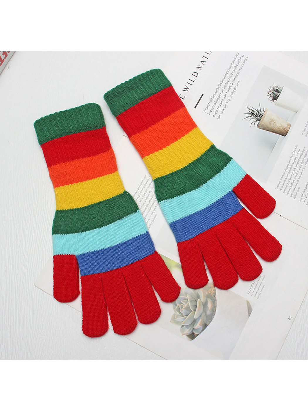 Multicolor striped gloves with red fingers