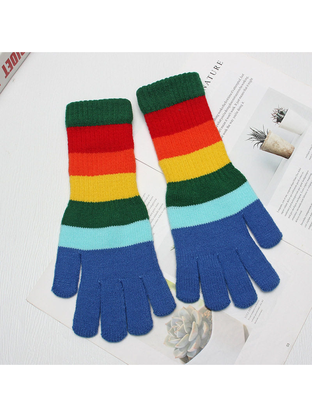 Multicolor striped gloves with blue fingers