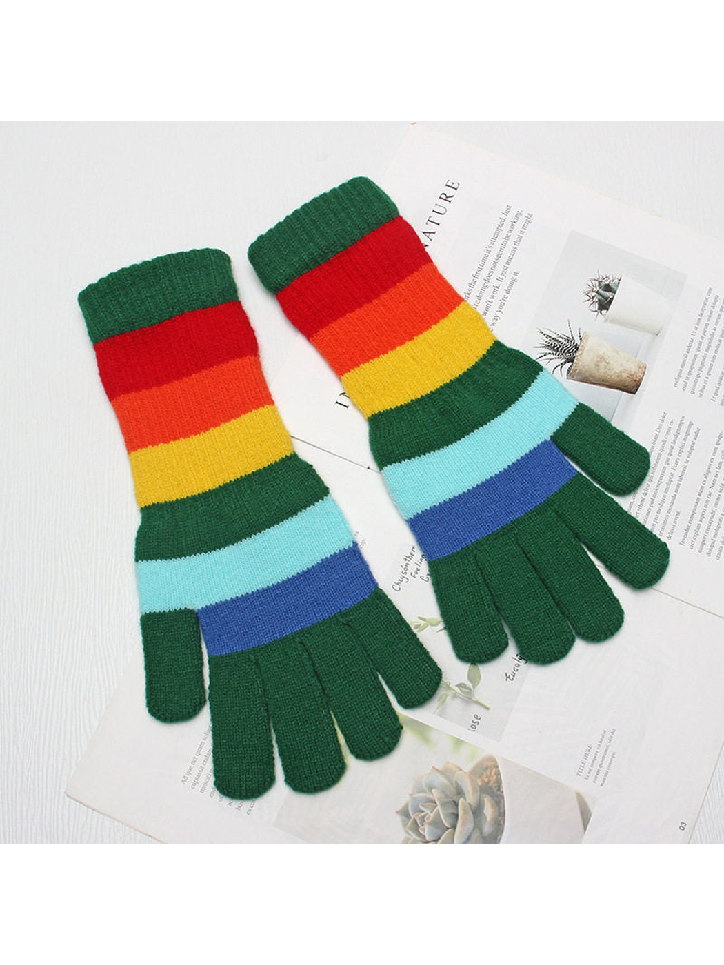Multicolor striped gloves with green fingers