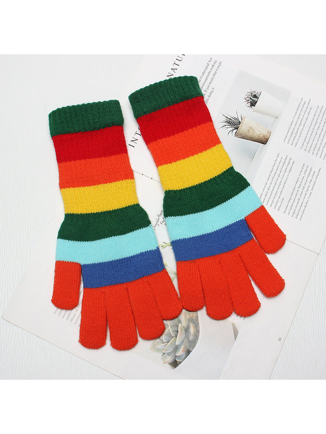 Multicolor striped gloves with orange-red fingers