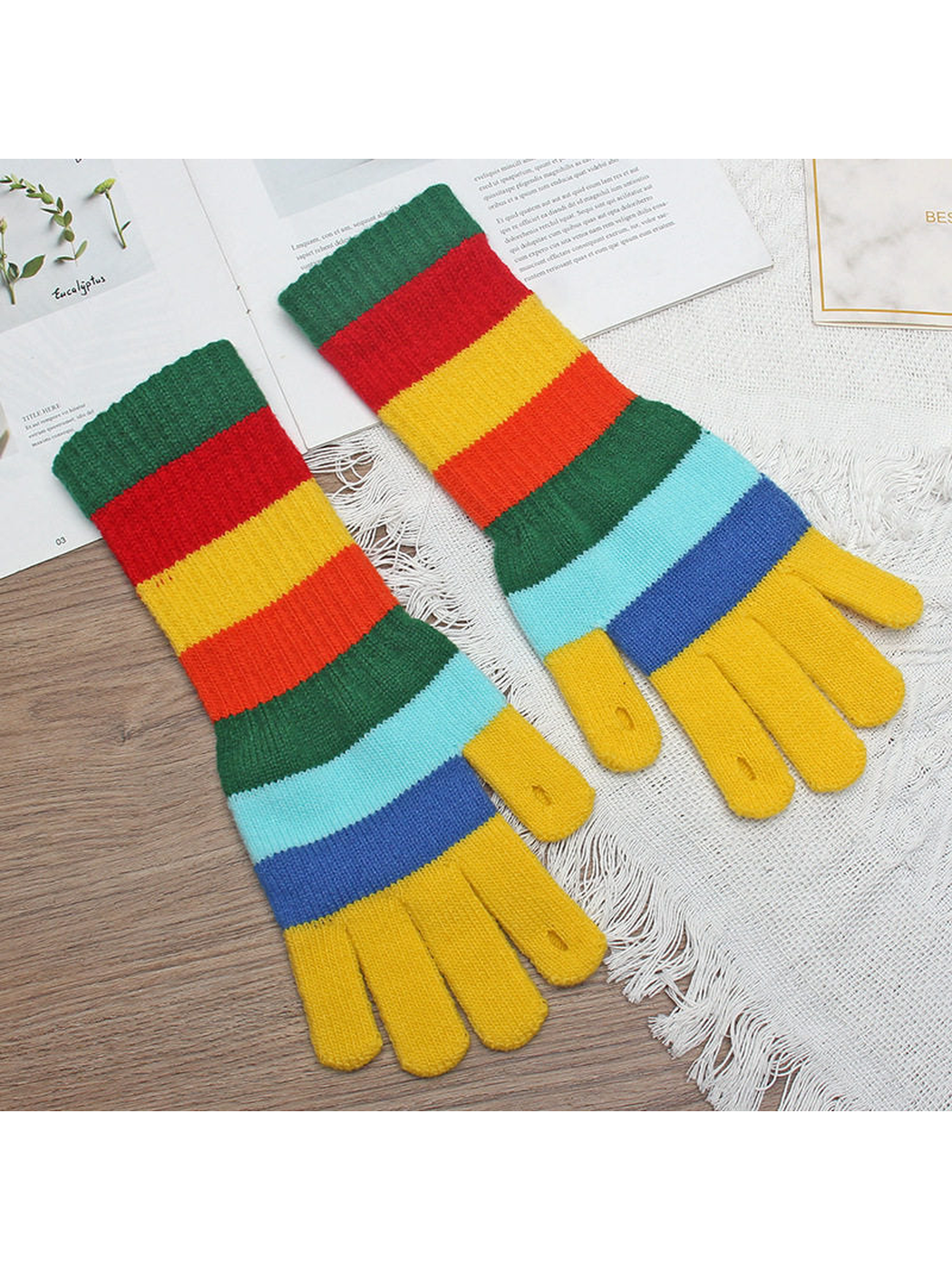 Multicolor striped gloves with yellow fingers