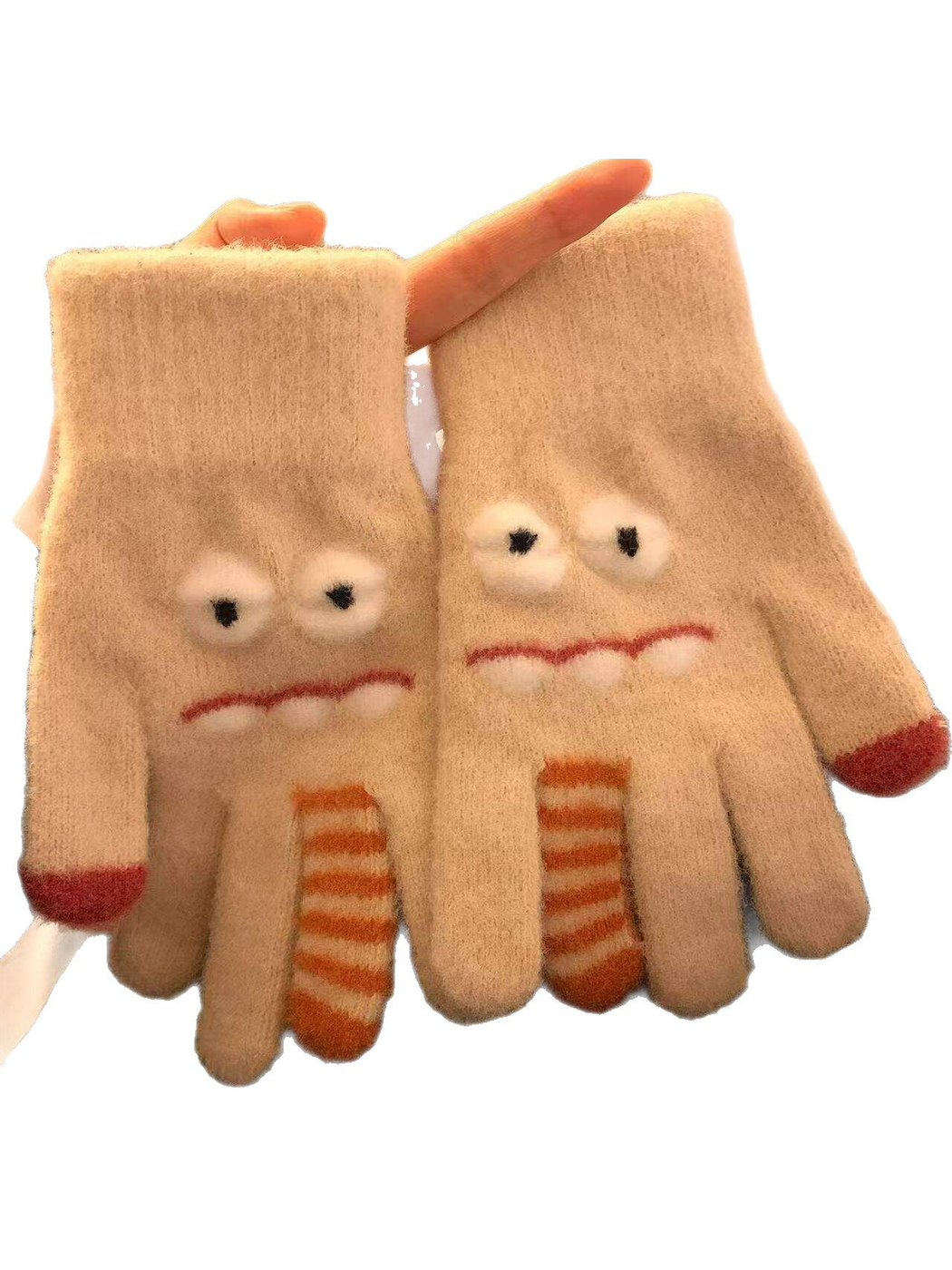 Beige fuzzy cartoon face gloves with raised eyes, teeth and striped finger details