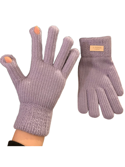 Light purple knit gloves with ribbed cuffs and open thumb and index fingertips