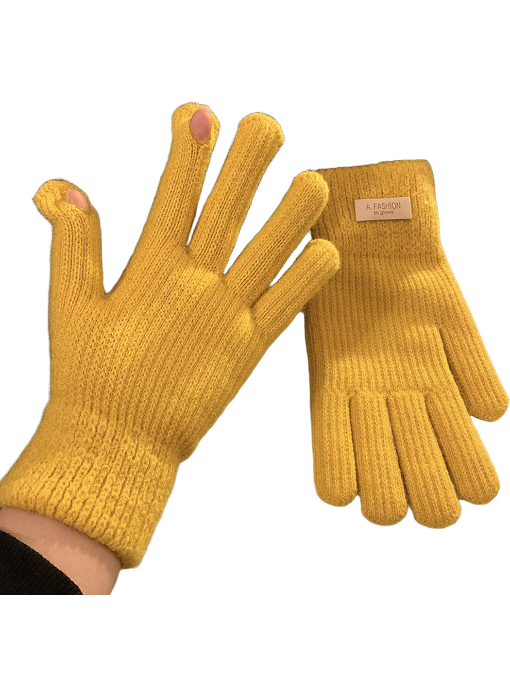 Mustard yellow knit gloves with ribbed cuffs and open thumb and index fingertips