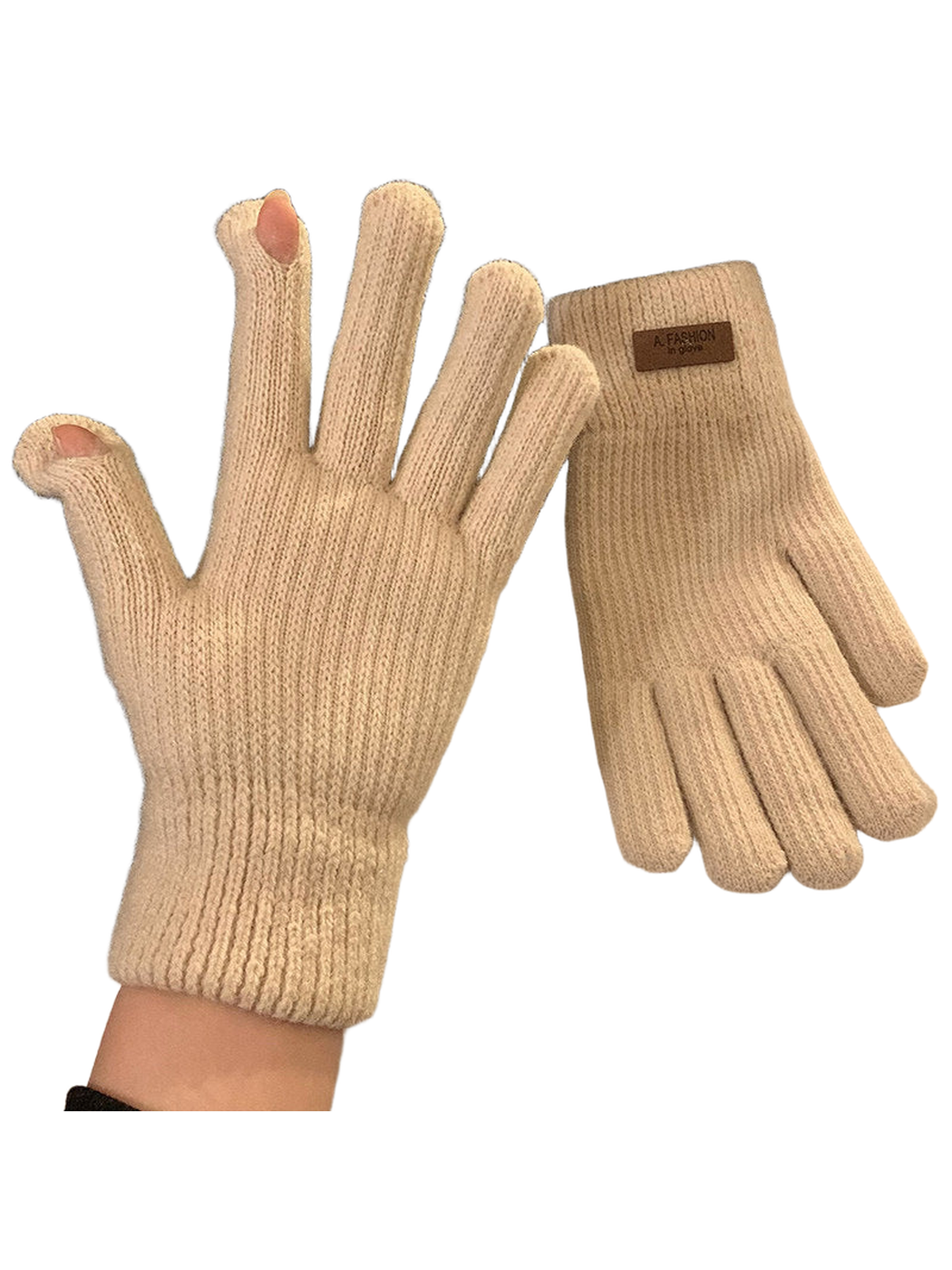 Beige knit gloves with ribbed cuffs and open thumb and index fingertips
