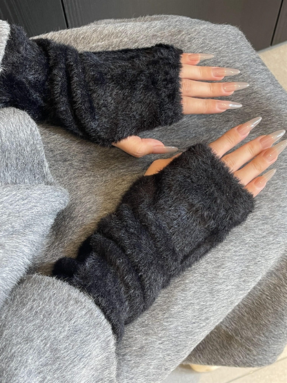 Black fuzzy fingerless gloves with long gathered cuffs