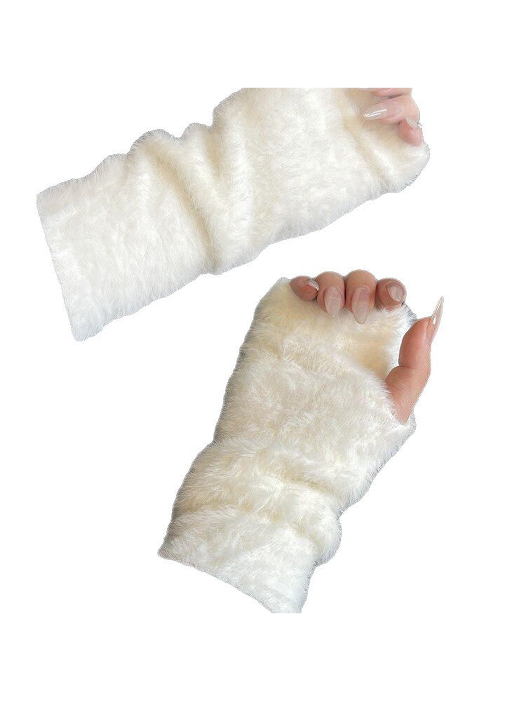 Ivory fuzzy fingerless gloves with open fingertips and long gathered cuffs