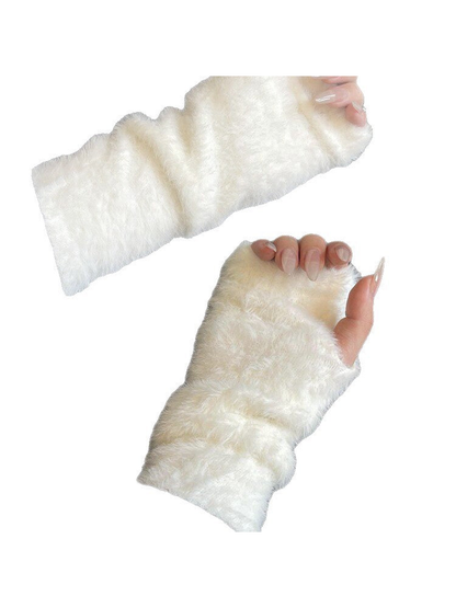 Ivory fuzzy fingerless gloves with open fingertips and long gathered cuffs