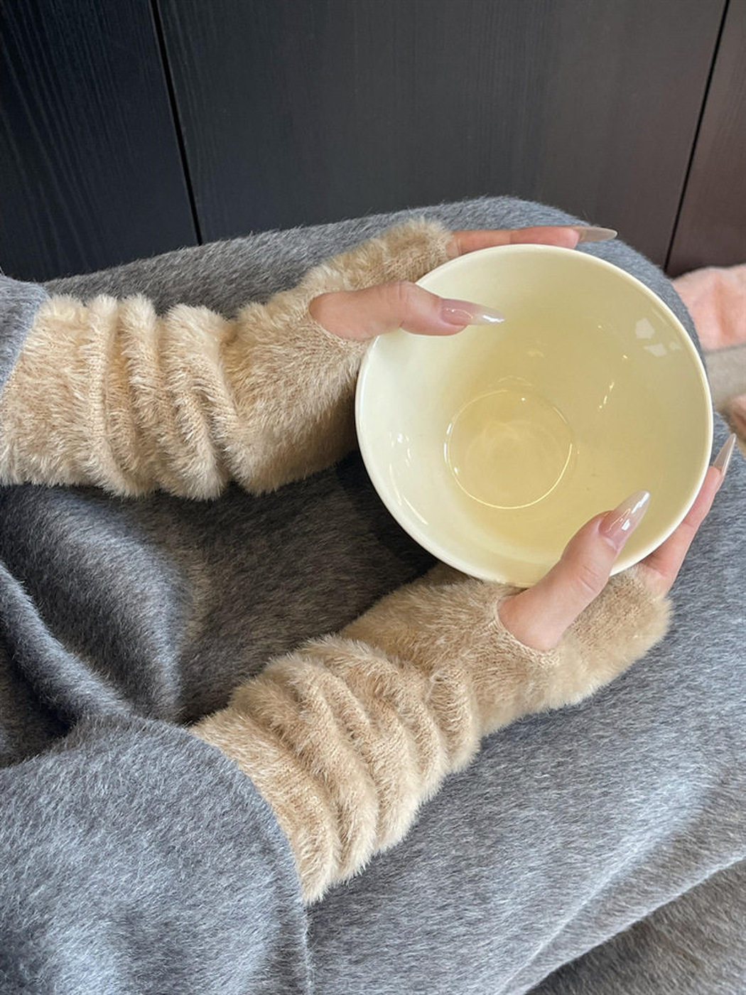 Khaki fuzzy fingerless gloves with long gathered cuffs