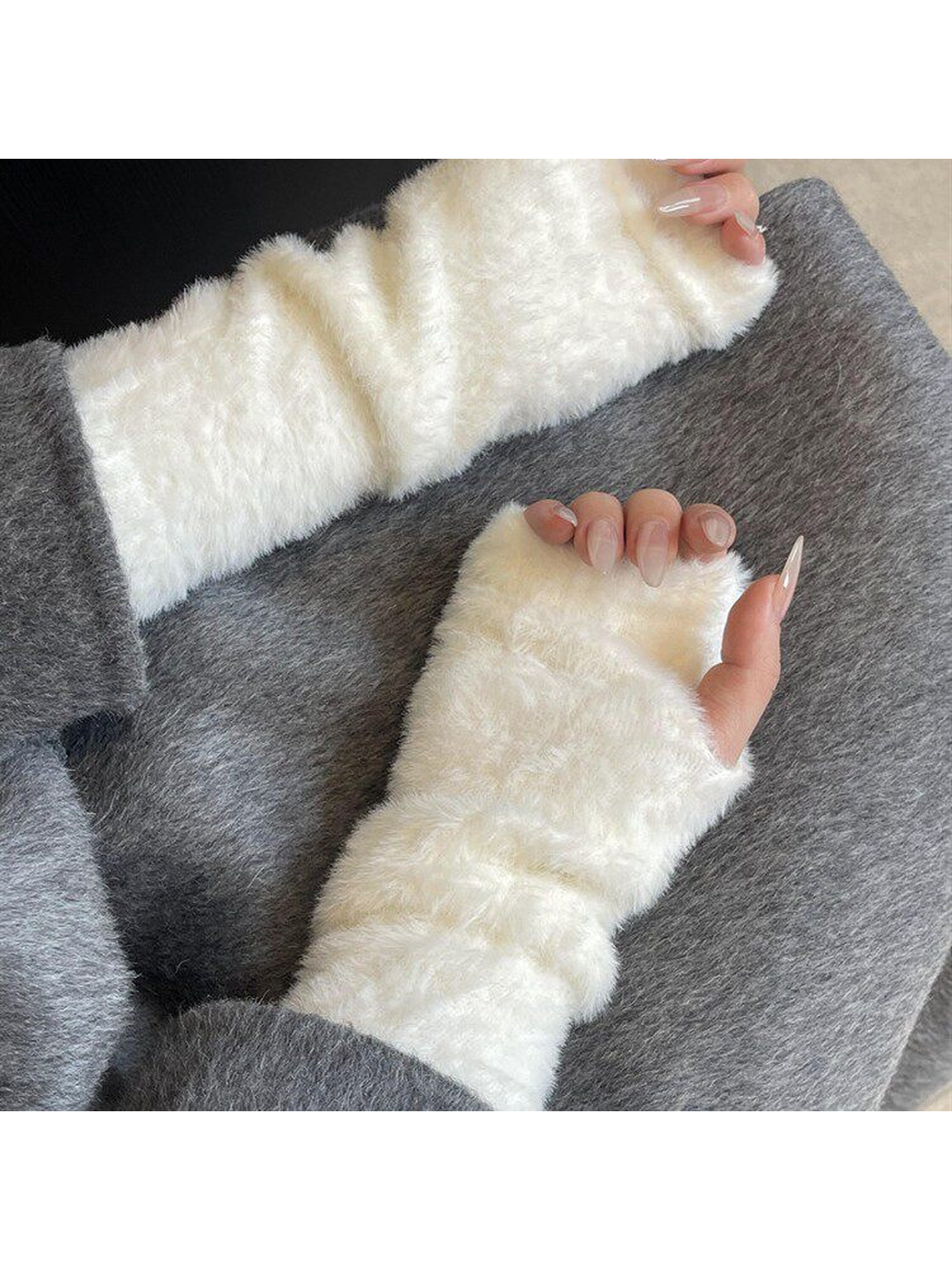 Ivory fuzzy fingerless gloves with long gathered cuffs